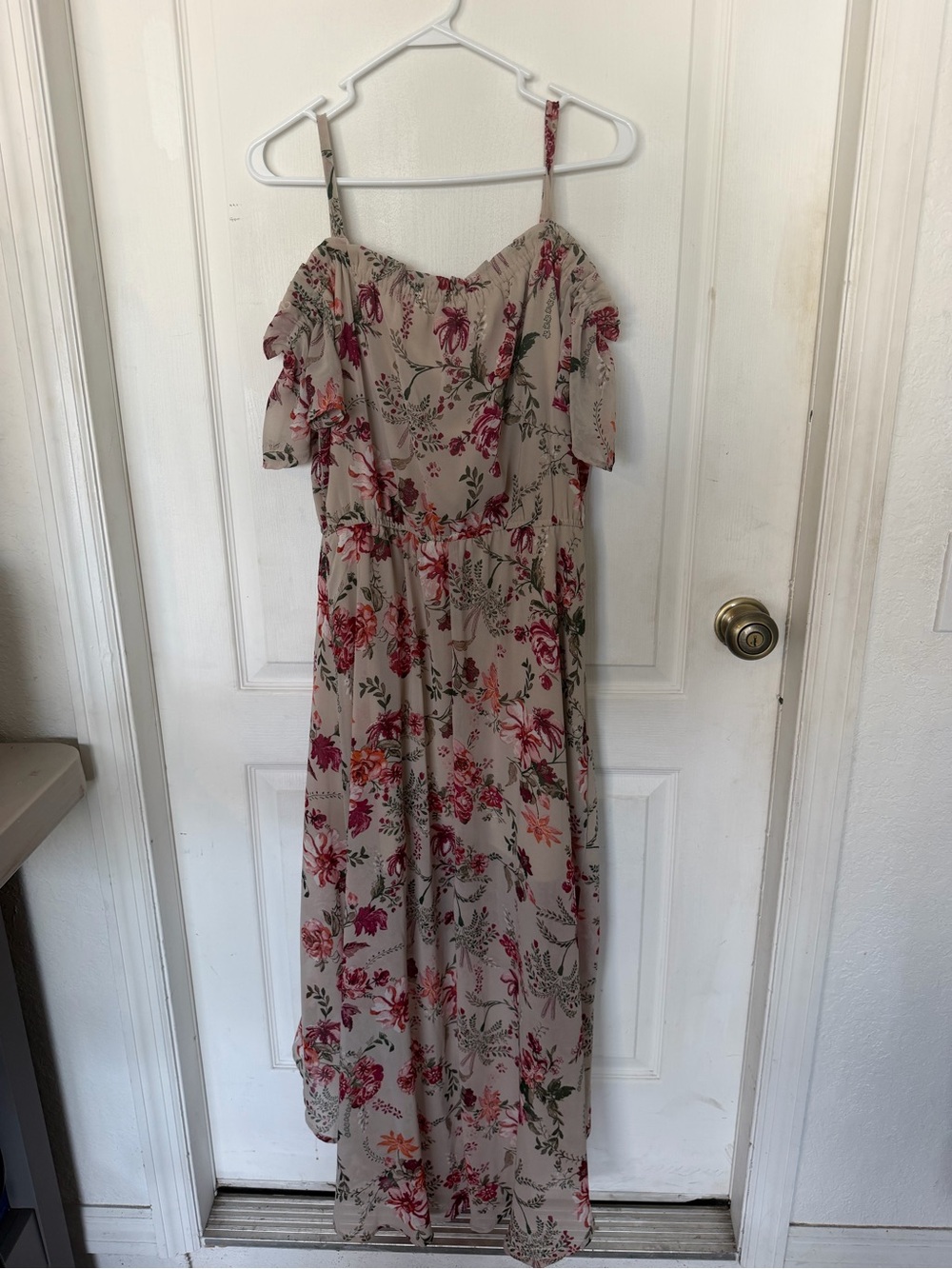 AUW Beige Floral Maxi Dress with Pink and Green Print